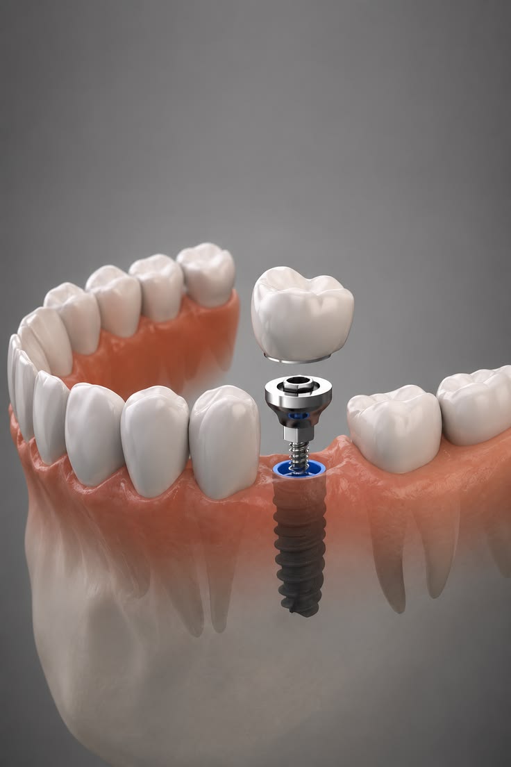 Diagrama de un implante dental con corona, mostrando sus componentes
